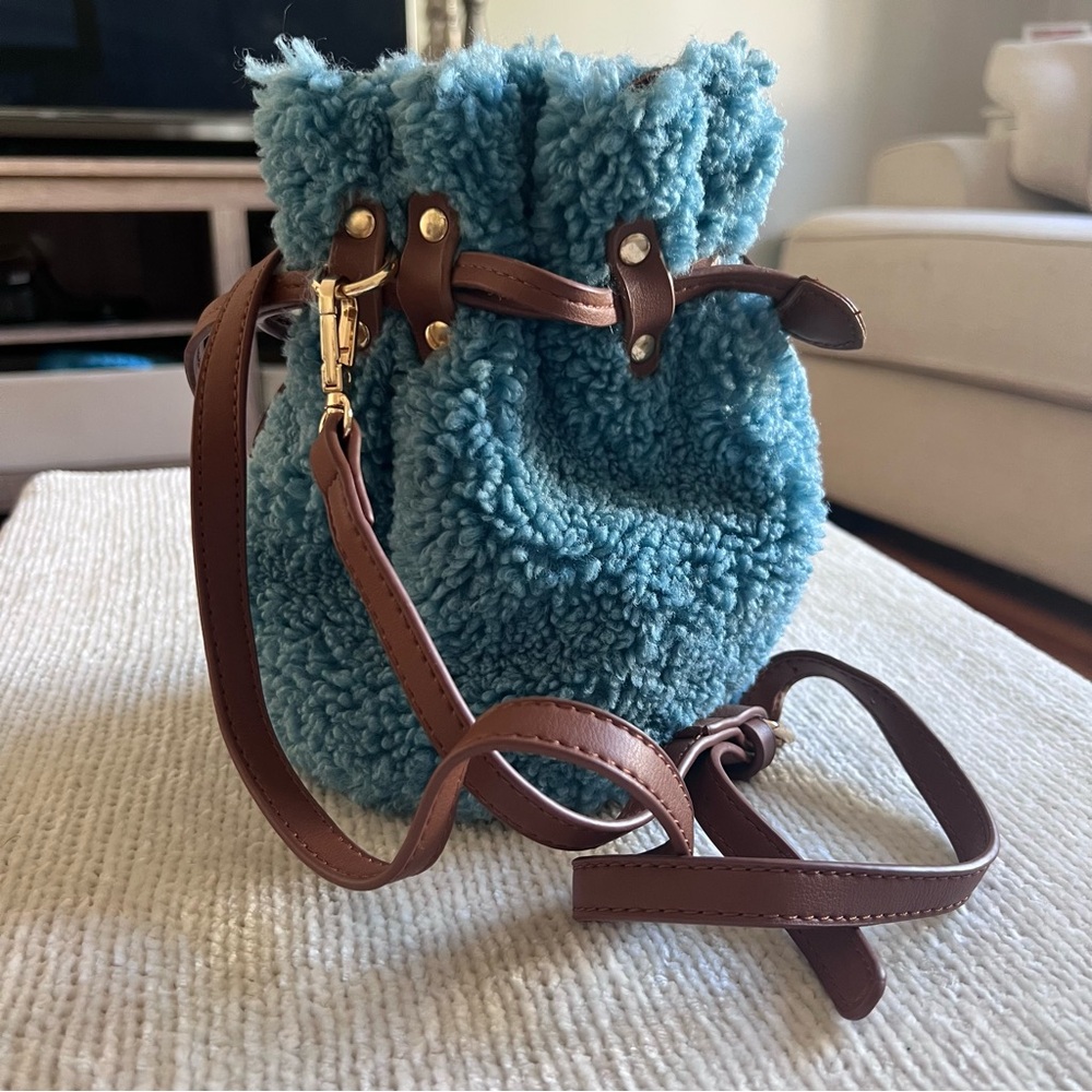 Blue Shearling Bucket Bag with Brown Leather Accents